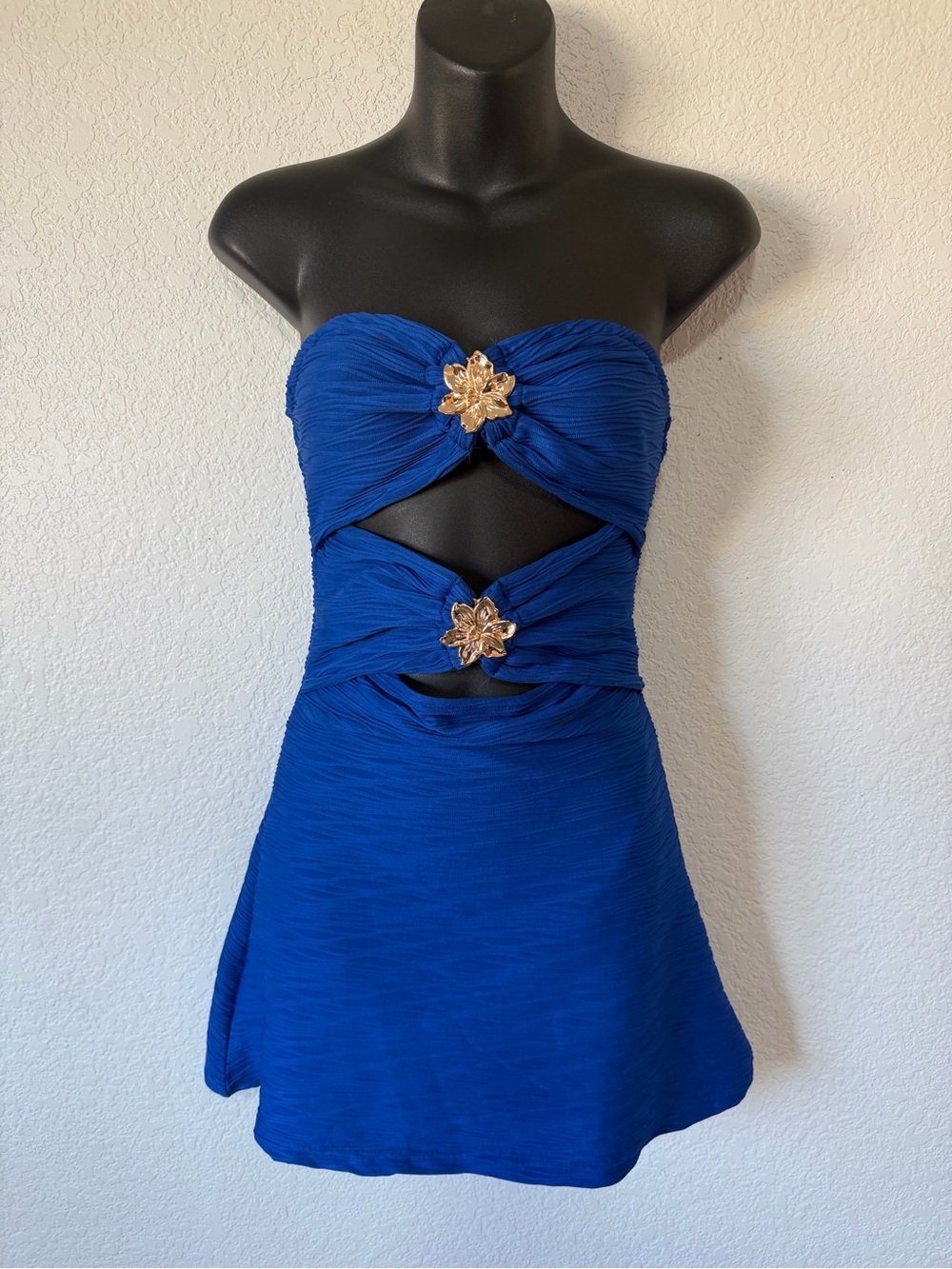 Strapless Cobalt Blue Cutout Mini Dress with Gold Floral Accents